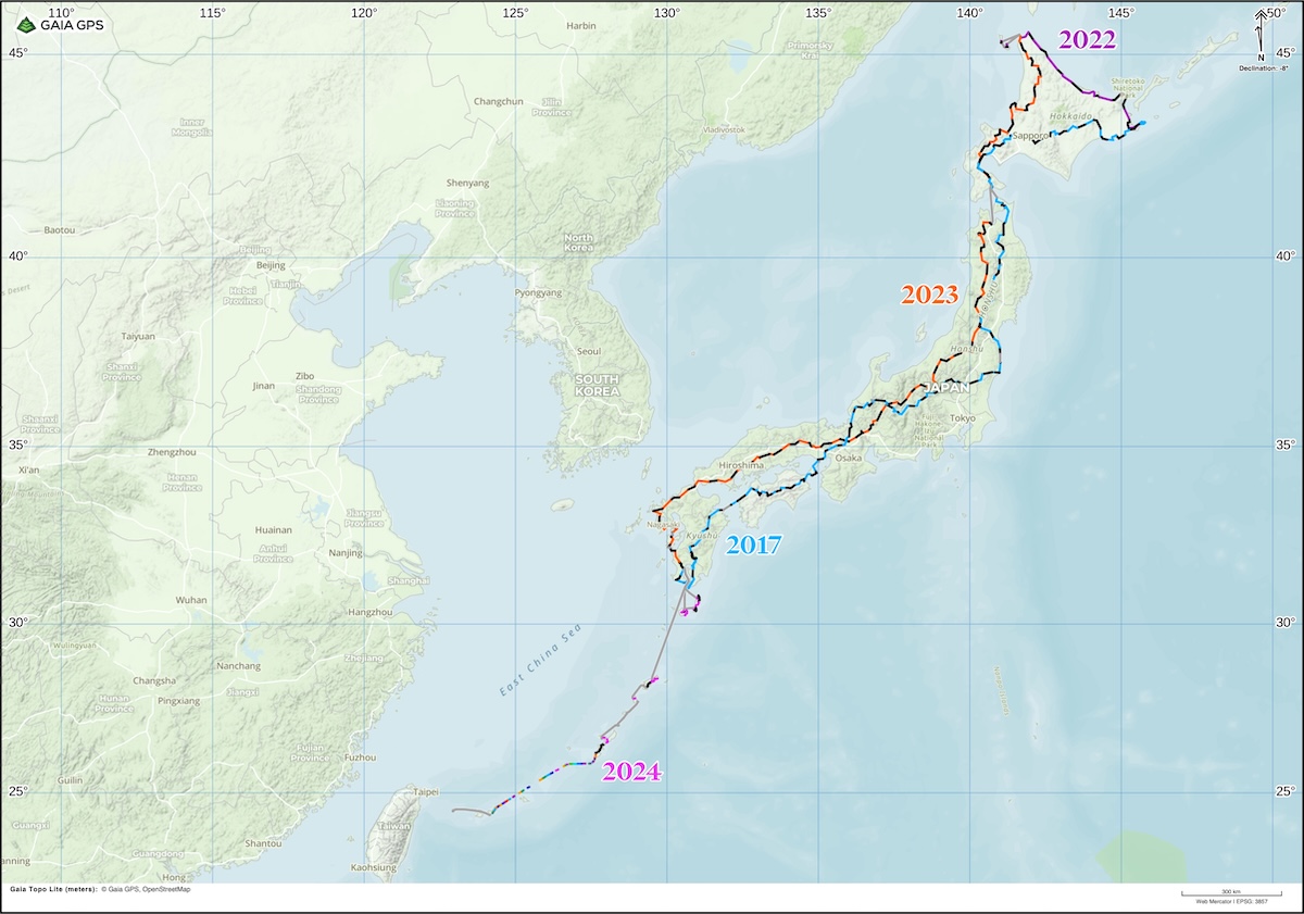 Map of Japan with my walking routes in 2017, 2022, 2023, and 2024 highlighted.