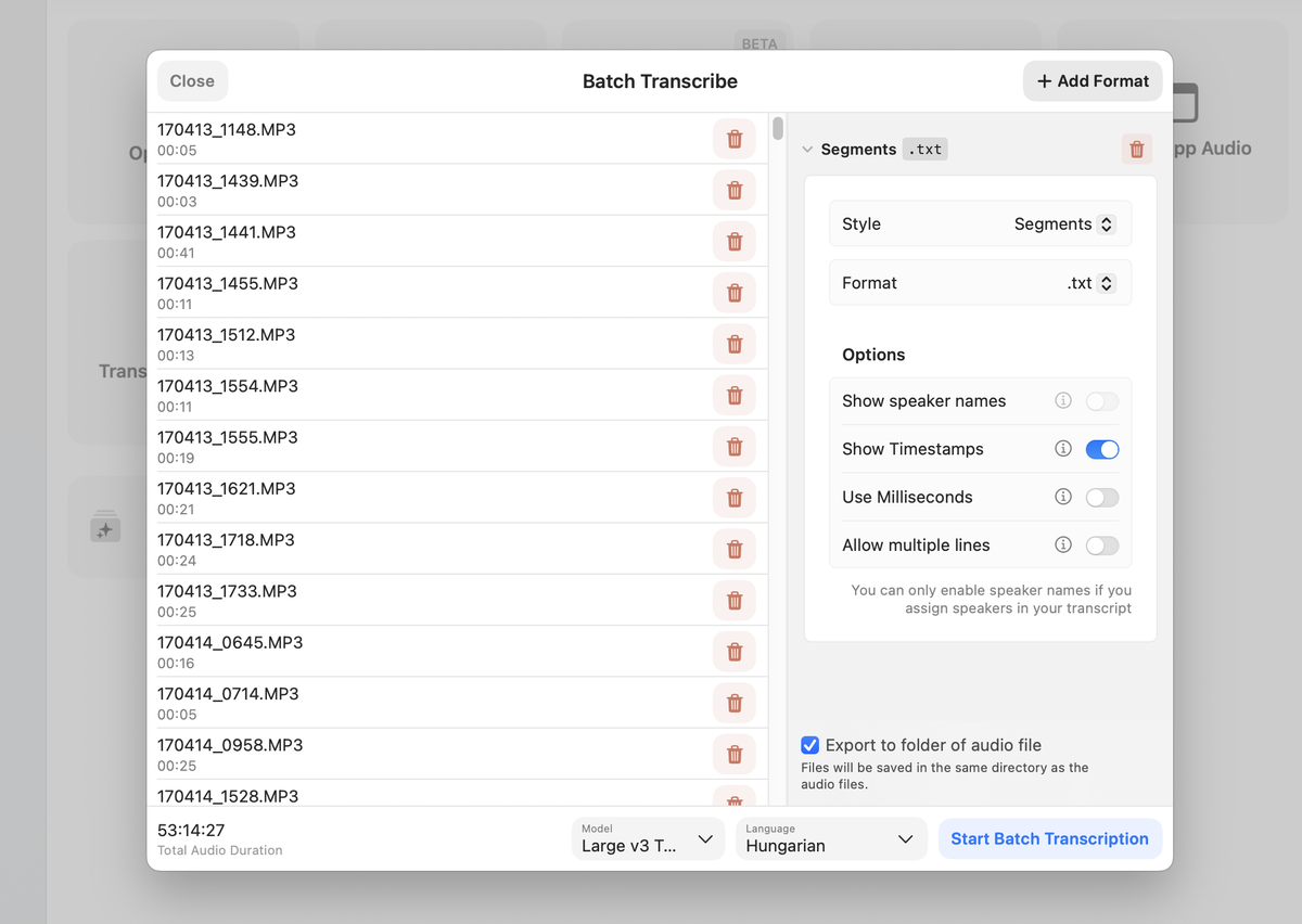 Screenshot of a batch audio transcription interface showing multiple MP3 files from April 2023 queued for processing. The dialog displays transcription options including format (.txt), timestamps, and language (Hungarian). The total audio duration is 53:14:27