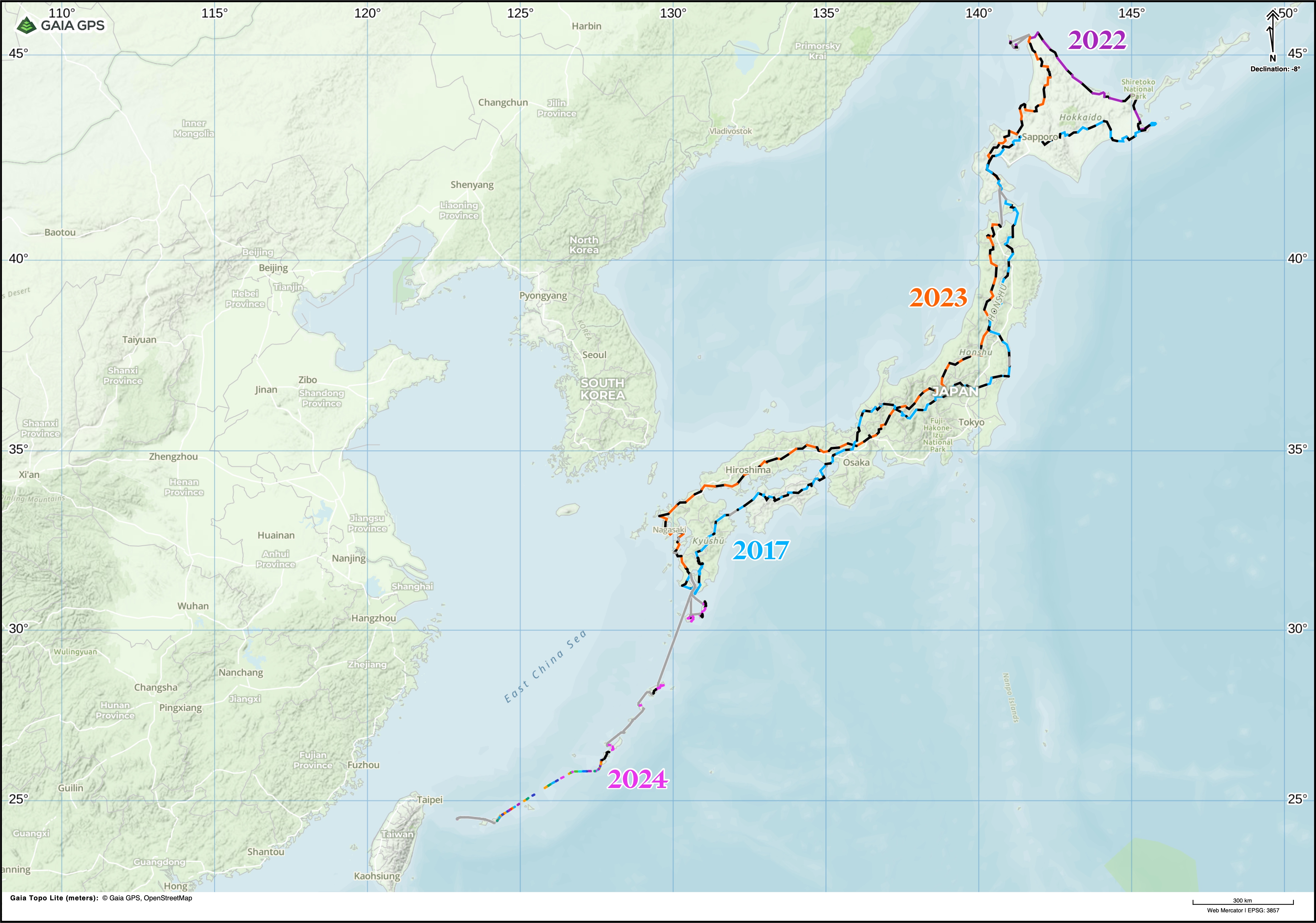 Topographical map of Japan with Peter Orosz’s walking routes in 2017, 2022, 2023, and 2024 highlighted.